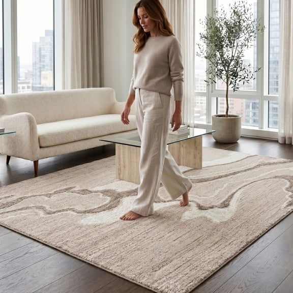 Neu Looms Hand Tufted Wool Silk Area Rug, Linework Design, Beige Cream Taupe, 4x6 Ft
