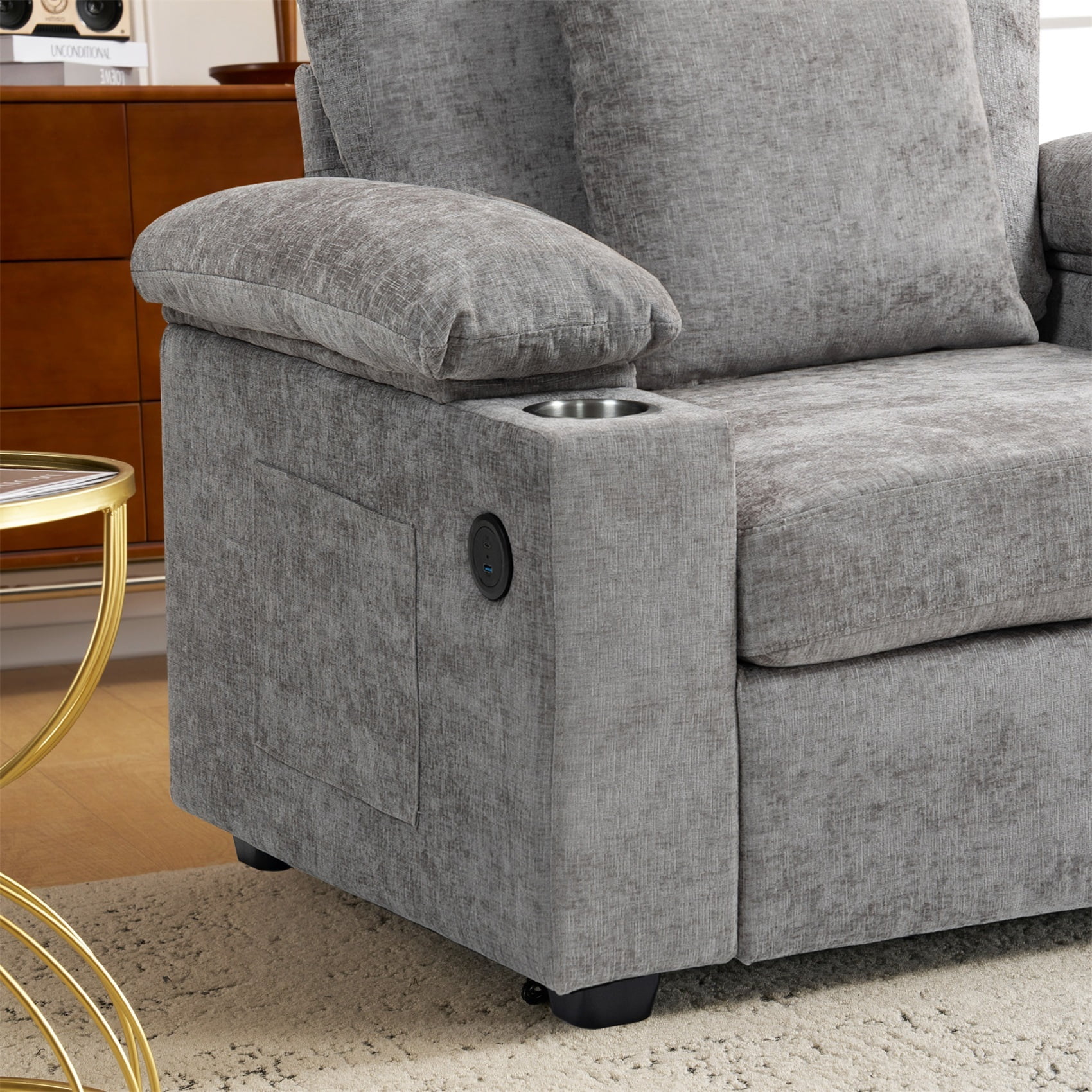 Alvantor Oversized Lounge Chair with Ottoman, Chenille Accent Armchair with Cupholders & USB Charging for Living Room Grey