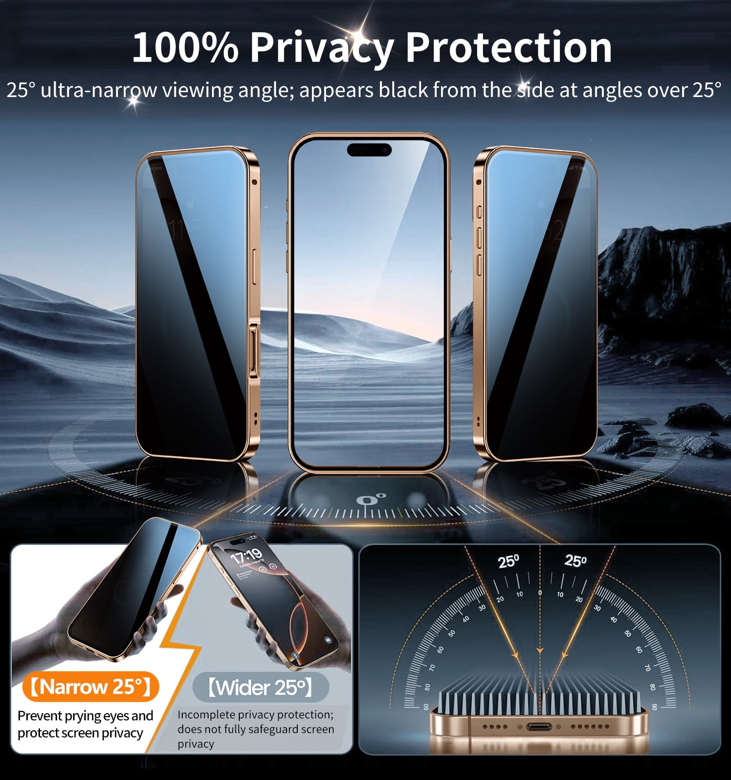 JETeacka iPhone 16 Pro Max Auto Lock Case Privacy Screen Protector Magnetic Stand MagSafe Compatible Heavy Duty Full-Body Shockproof Cover-Desert Gold