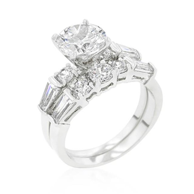 Genuine Rhodium Plated Engagement Ring Set with Round Cut Cubic Zirconia and Shouldered Baguettes Prong Set in Silvertone - Size 10