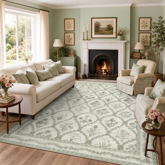 Felixking 5'x7' Area Rugs for Living Room Vintage Botanical Plaid Distressed Rug Machine Washable Non-Slip for Bedroom Beige