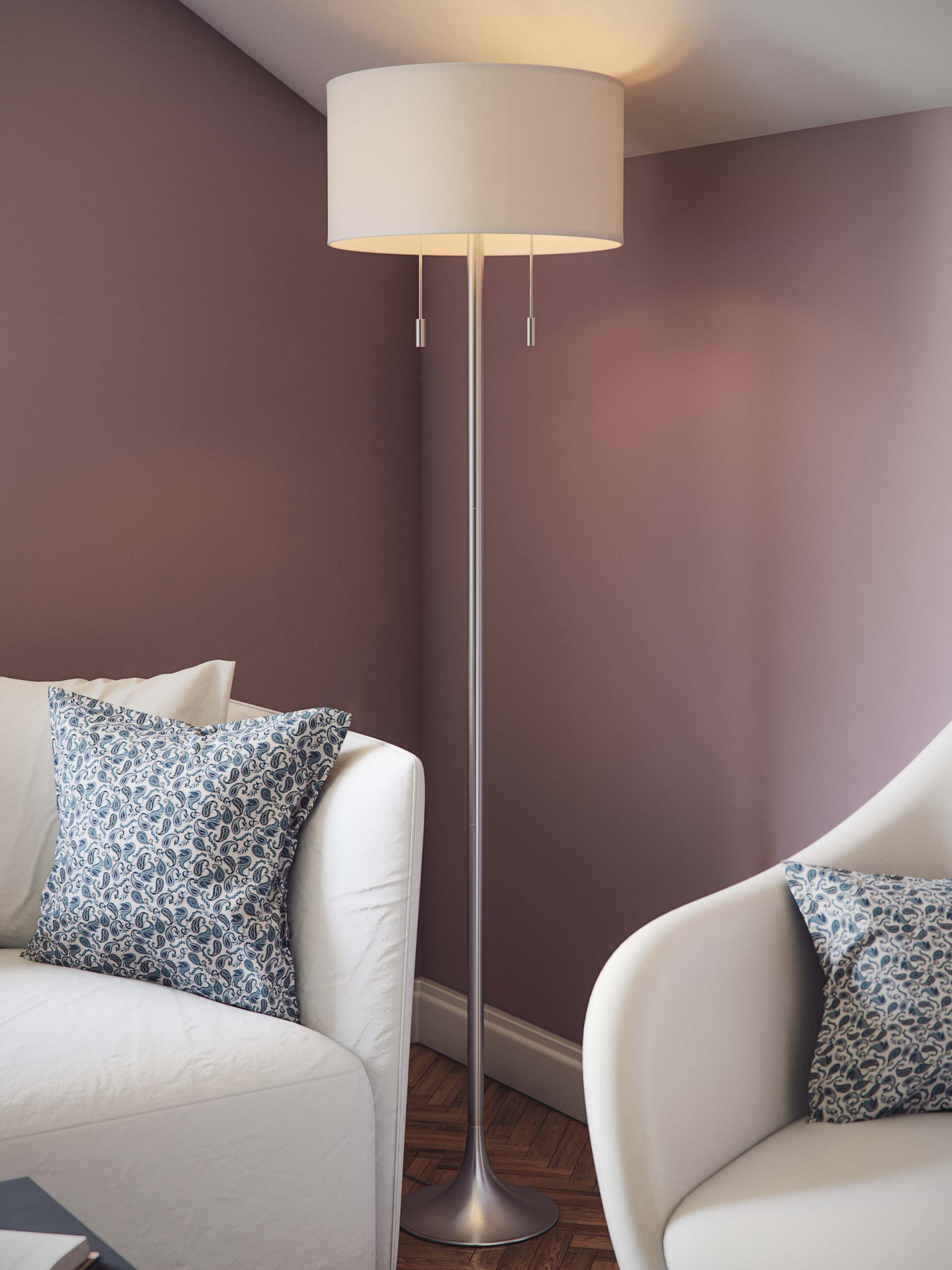 Kenroy Home Stowe 61'' Floor Lamp with White Fabric Drum Shade Transitional Floor Light Fixture for Living Room, Bedroom or Office, Brushed Steel