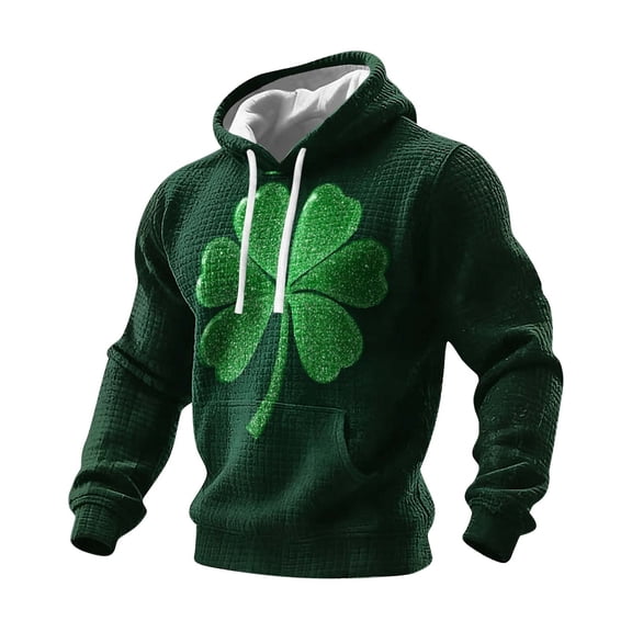 Xdegoge Mens St Patricks Day Hoodie Long Sleeve Big Glitter Shamrock Graphic Sweatshirt Casual Drawstring Hooded Pullover Top for Holiday Festival Party Wear