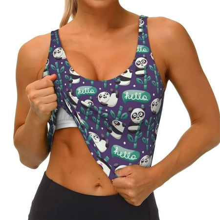Qokaie Bamboo Panda Pattern Womens Scoop Neck Sports Bra Breathable Workout Vest Padded U Back Medium Impact Fitness Gym Yoga Bra Workout Crop Top