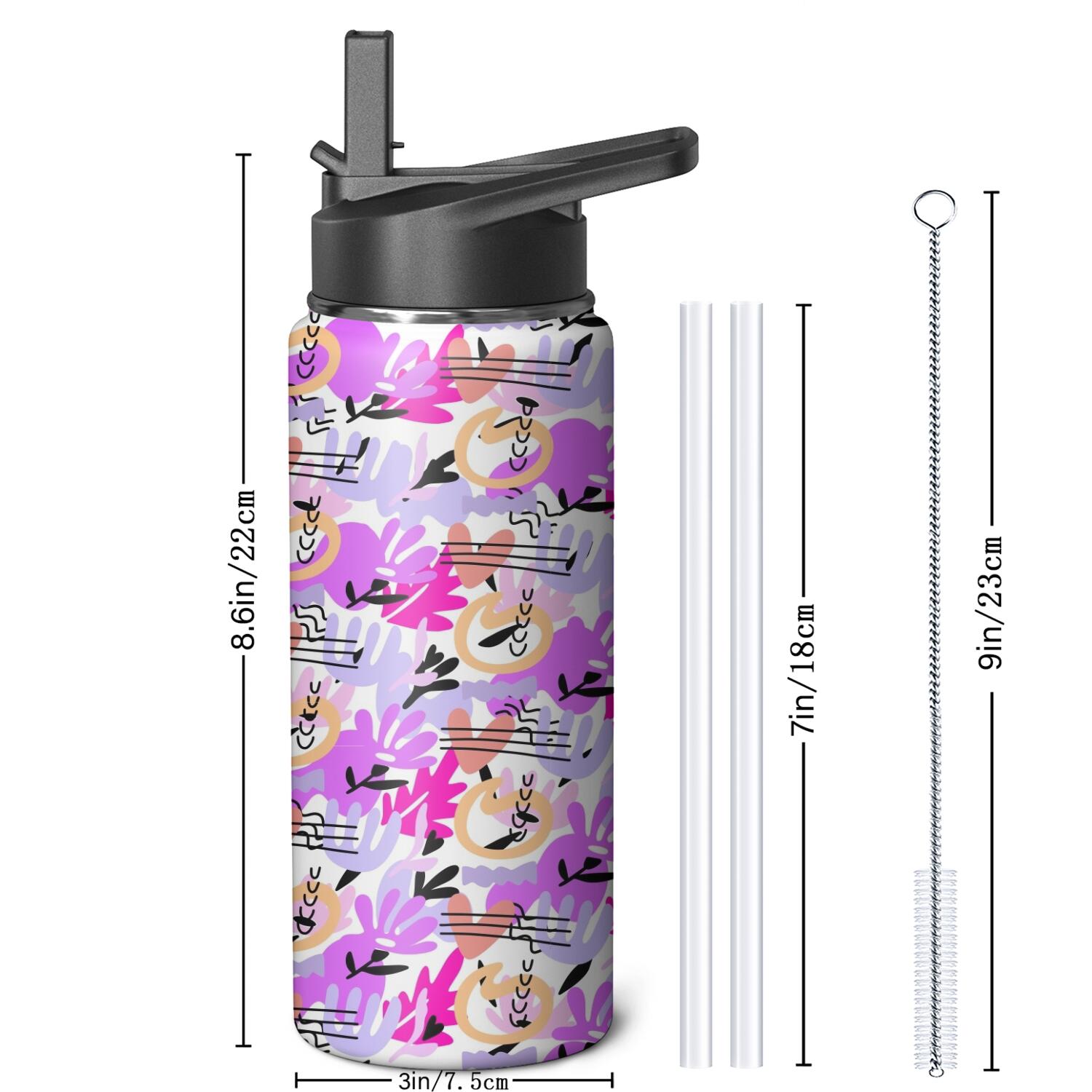 Modern 18 oz Insulated Stainless Steel Water Bottle with Straw & Cleaning Brush , Leakproof, BPA-Free, 304 Stainless Steel, Wide Mouth, Travel Mug for Car, Gym, Office