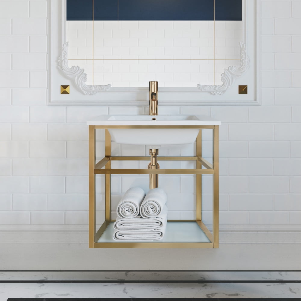 Pierre 24 Single, Open Shelf, Gold Metal Frame Bathroom Vanity
