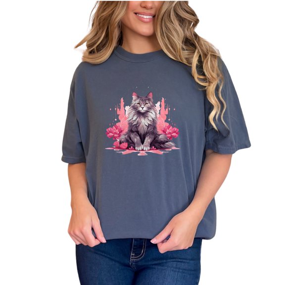 Cute Cat T-Shirt, Floral Cat Art Graphic Tee, Adorable Feline Lover Gift, Unique Animal Print T-Shirt, Casual Cat Lover Shirt, Denim Comfort Colors T-Shirt, Small