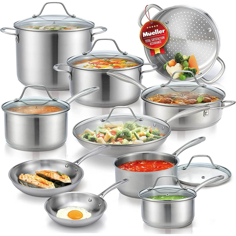 Mueller Pots and Pans Set 11-Piece, Ultra-Clad Pro Stainless Steel Cookware  Set, Ergonomic and EverCool Stainless Steel Handle, Includes Saucepans