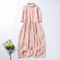 thumbnail image 3 of Elainilye Fashion Women's Dresses Summer Vintage Lace-up Dress Long Sleeve Cotton Linen Dress Embroidery Large Train Skirt,Pink, 3 of 9