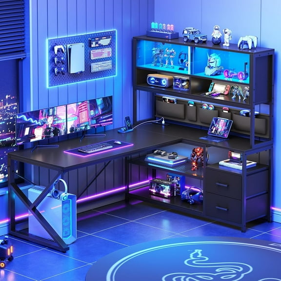 SEDETA L Shaped Gaming Desk, Home Office Computer Desk with 2 Drawer and Bookshelf, L Shaped Gaming Desk with LED Light, Glass Cabinet and Storage Bag, Corner Desk with Storage Shelves, Black