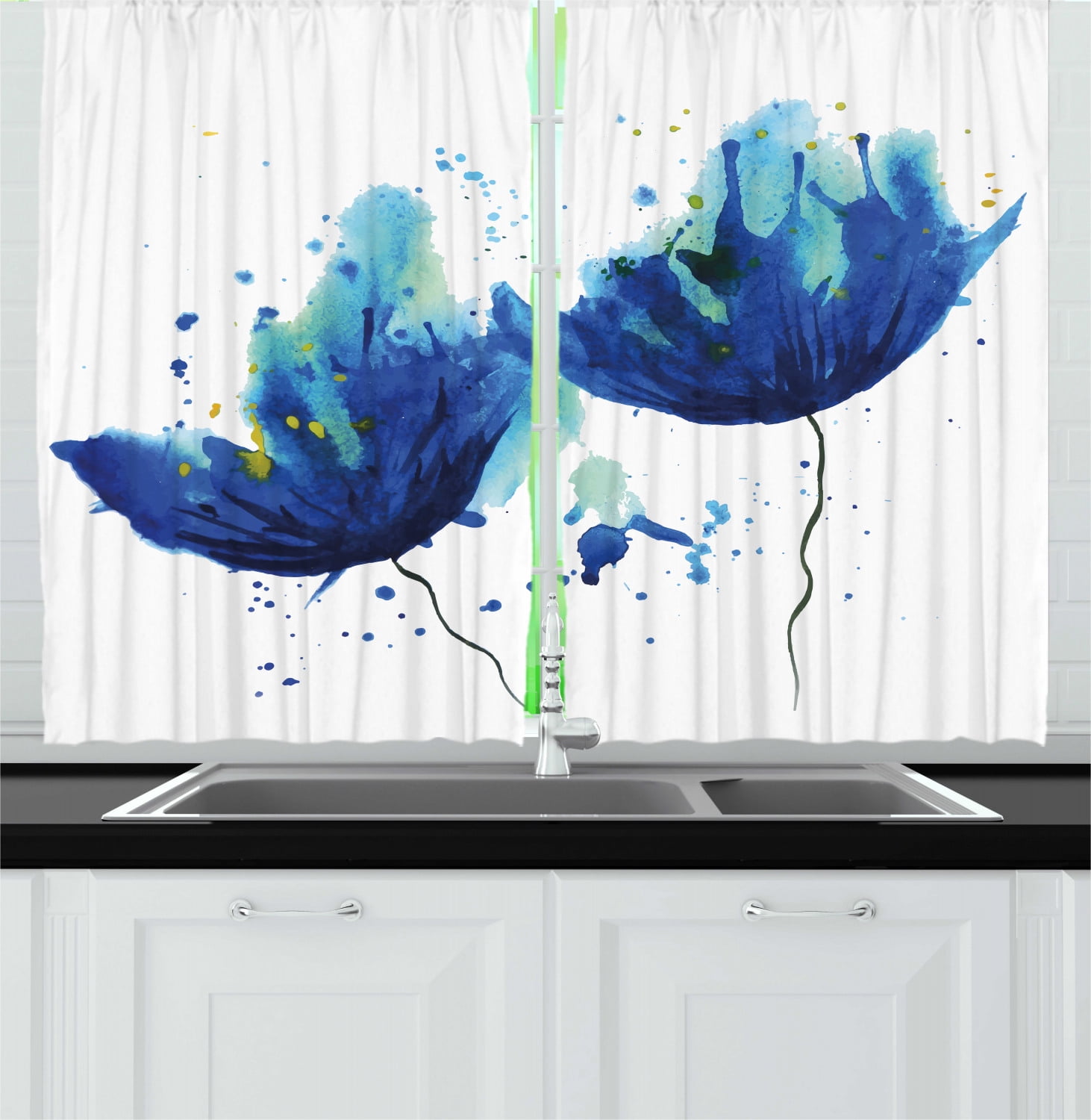 Blue Curtains 2 Panels Set, Watercolor Style Effect Floral ...