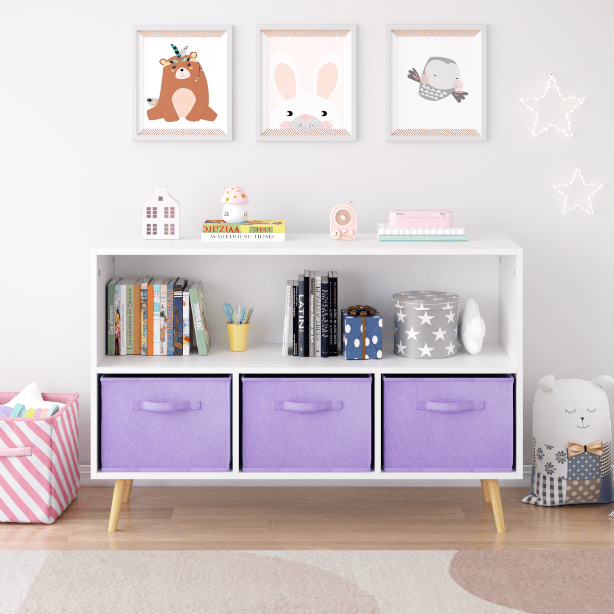 Jopath 4 Cube Kids Bookcase & Toy Storage Organizer with 3 Fabric Drawers for Playroom Storage,Purple