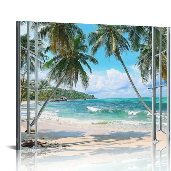 EastSmooth Bathroom Beach Window Wall Art: Coconut Trees on Sands Picture Coastal Canvas Artwork Modern Quiet Seascape Prints Tropical Palm Holiday Ocean Painting for Living Room Bedroom Office