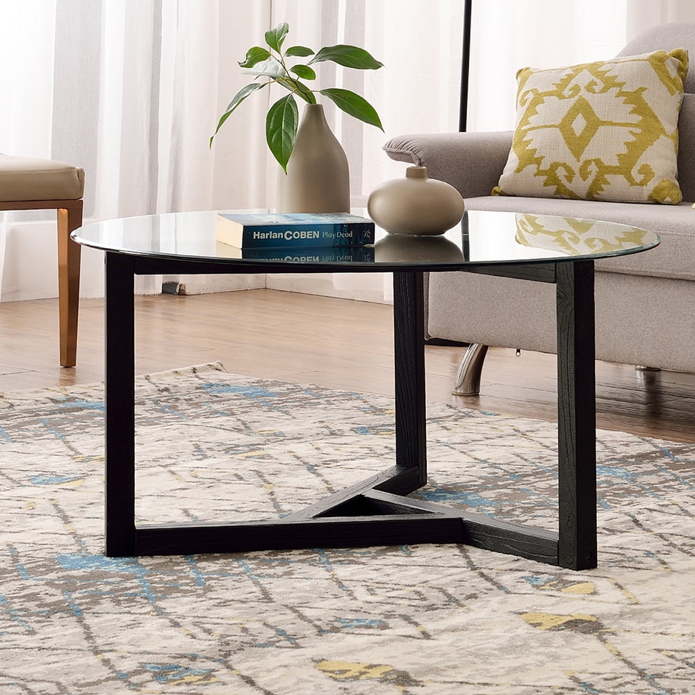 Kepooman Round Glass Coffee Table with Tempered Glass Top for Living Room, Black Kepooman Round Glass Coffee Table with Tempered Glass Top for Living Room, Black