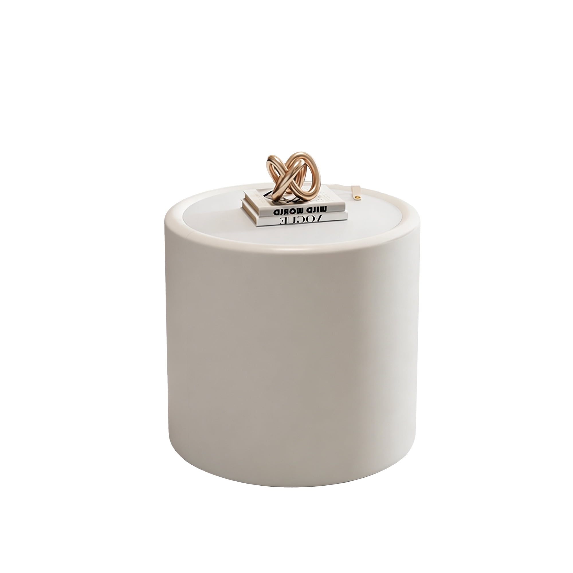 Leumius White Round Side Table with Tempered Glass Top, PU Leather Body & Hidden Storage Modern Accent Table for Living Room Bedroom White 2