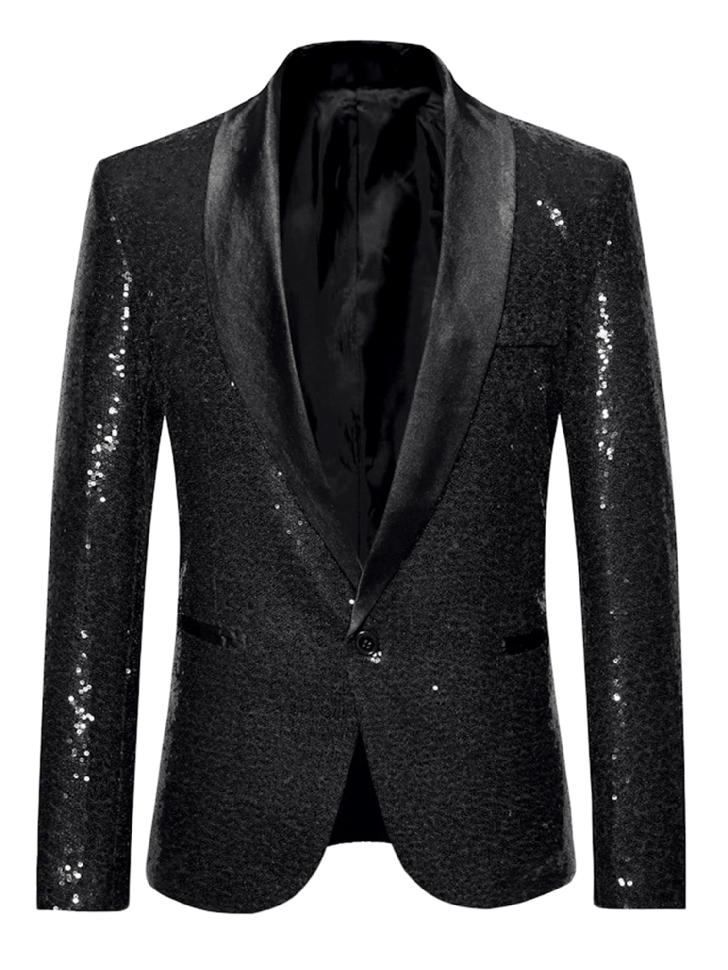 Unique Bargains Men's Sequin Sport Coats Shawl Lapel One Button Wedding Shiny Blazer XL Black