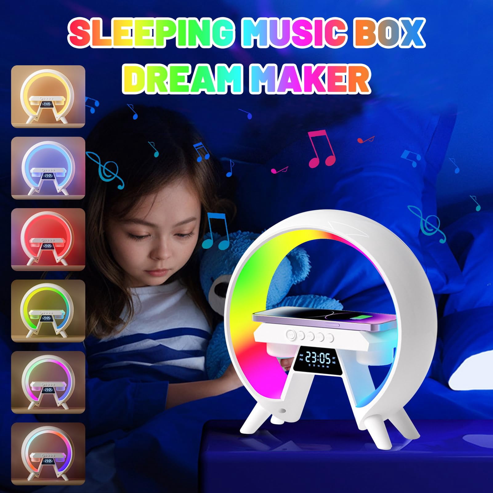 Wireless Speaker Charger Light, Phone Charger, Atmosphere Night Light Multifunctional Bluetooth Speaker, Timer Alarm Clock Charger Stand Color Changing Music Lamp-White