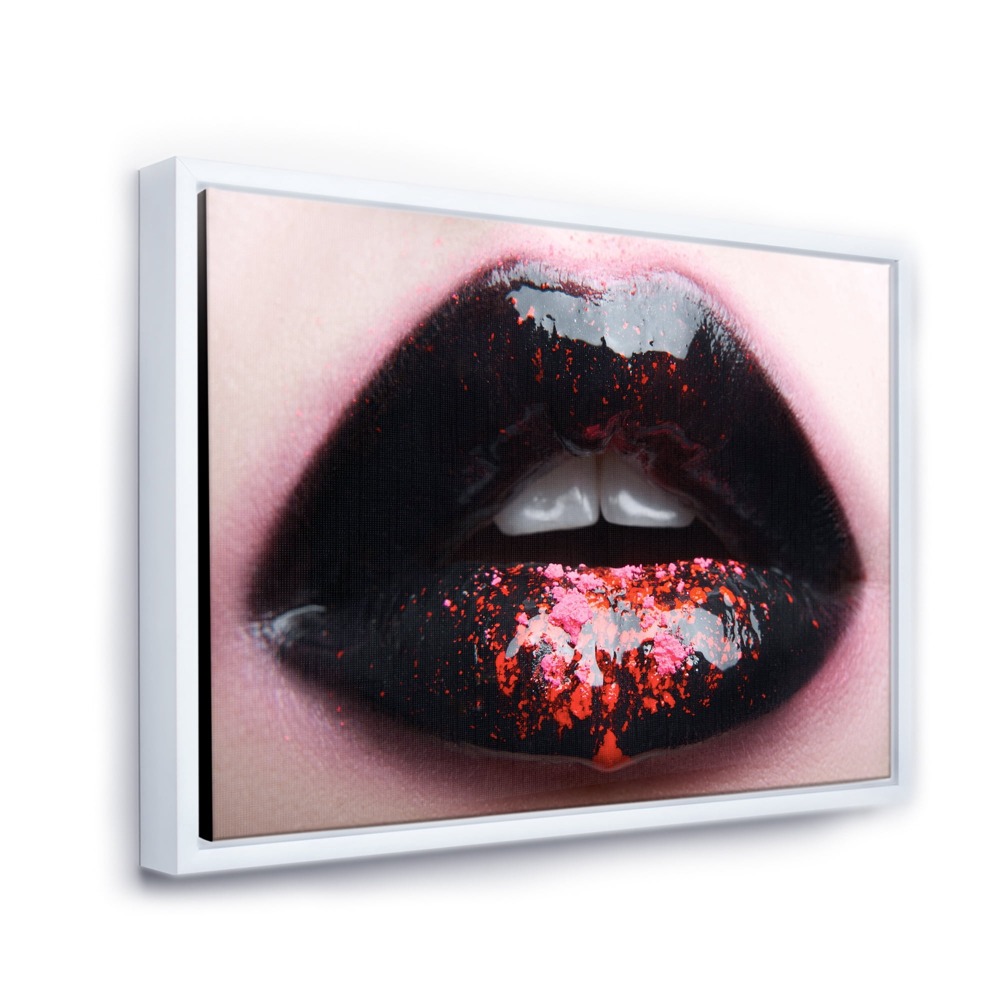 Designart 'Plump Woman Lips With Pink and Black' Modern Framed Canvas Wall Art Print