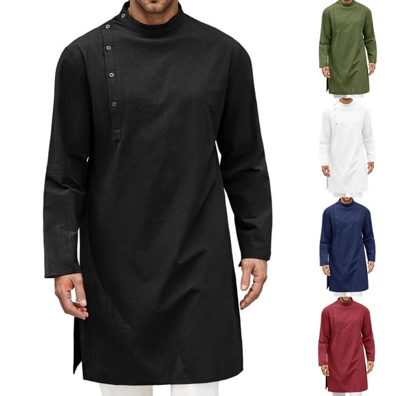 Men Shirts Long Sleeve Casual Loose Fit Solid Breathable Spring Summer Daily Wear Thobe Hawaiian Shirt for Men Black L