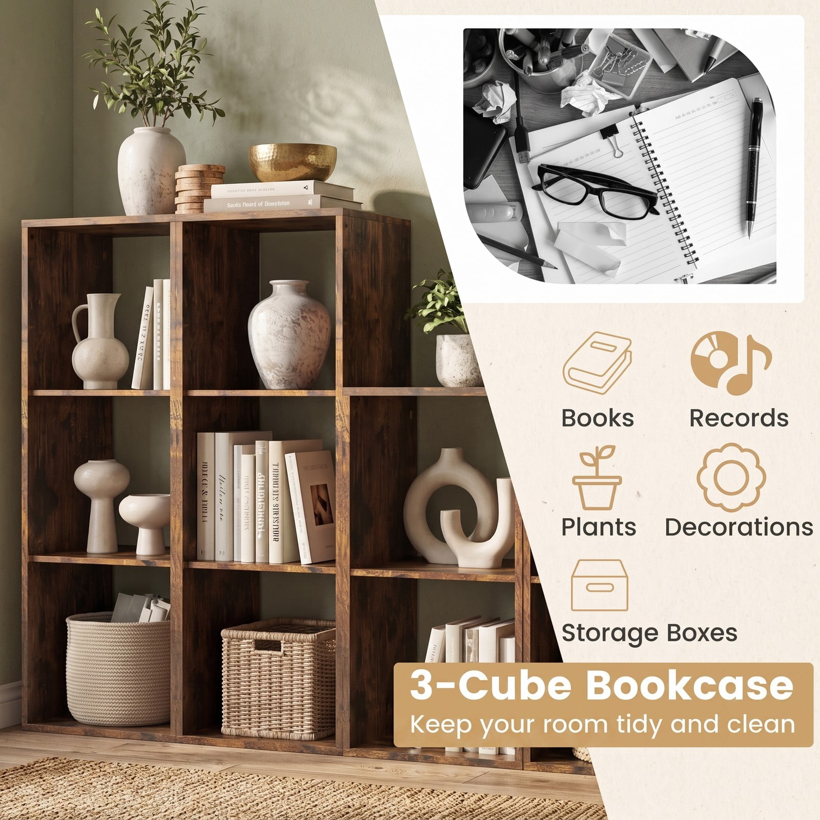 Furnibear 3 Cube Bookshelf with Back Guardrail, Engineered Wood Cube Storage Organizer Bookcase Display Shelf for Living Room Bedroom Home Office with, Brown