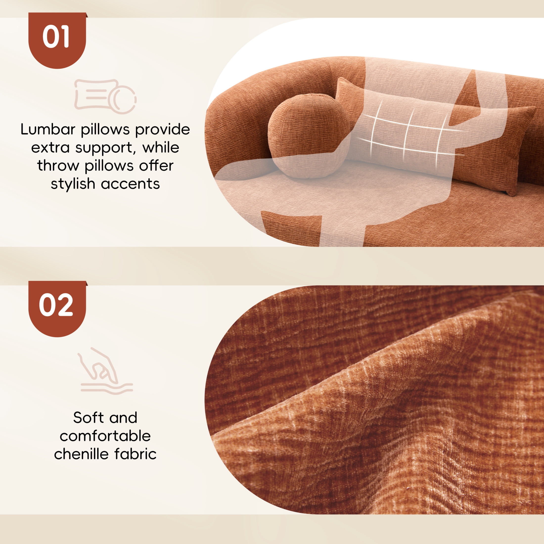 Noble House 86" Modern Chenille Boneless Sofa, 3-Seater Curved Cloud Couch with Pocket Springs for Living Room, Orange