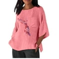 thumbnail image 1 of Xihbxyly Hauts pour Femmes Chemise Décontractée Imitation Coton et Lin Imprimé Manches 3/4 Col Rond T-shirt à Poche Surdimensionné Chemise Décontractée Légère et à la Mode Haut d'Été Offres de Vacances, 1 of 1