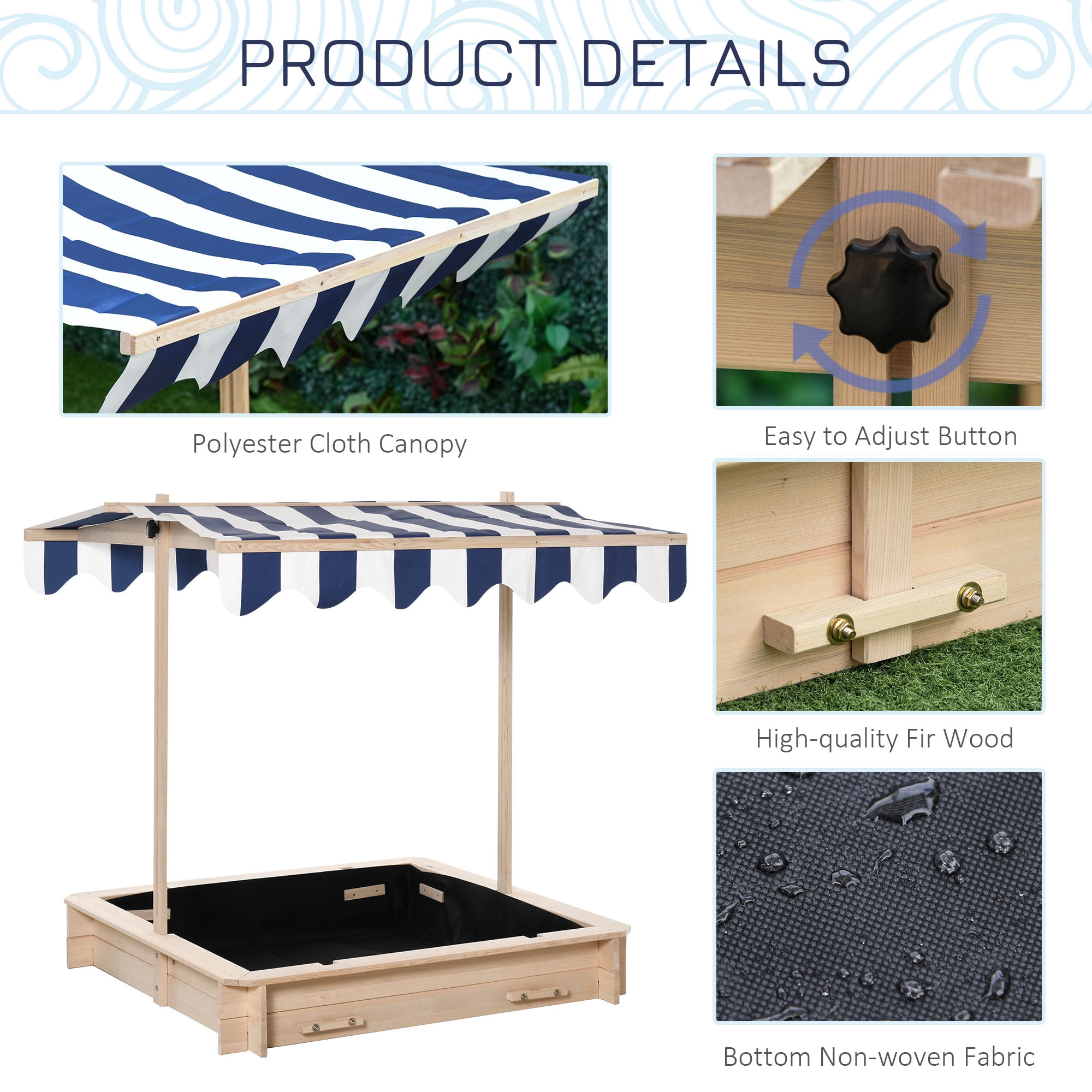 Wooden Kids Sandbox with Cover, Foldable Bench Seats & Adjustable Canopy, Children Outdoor Sand Box with Bottom Liner for Backyard Garden Play