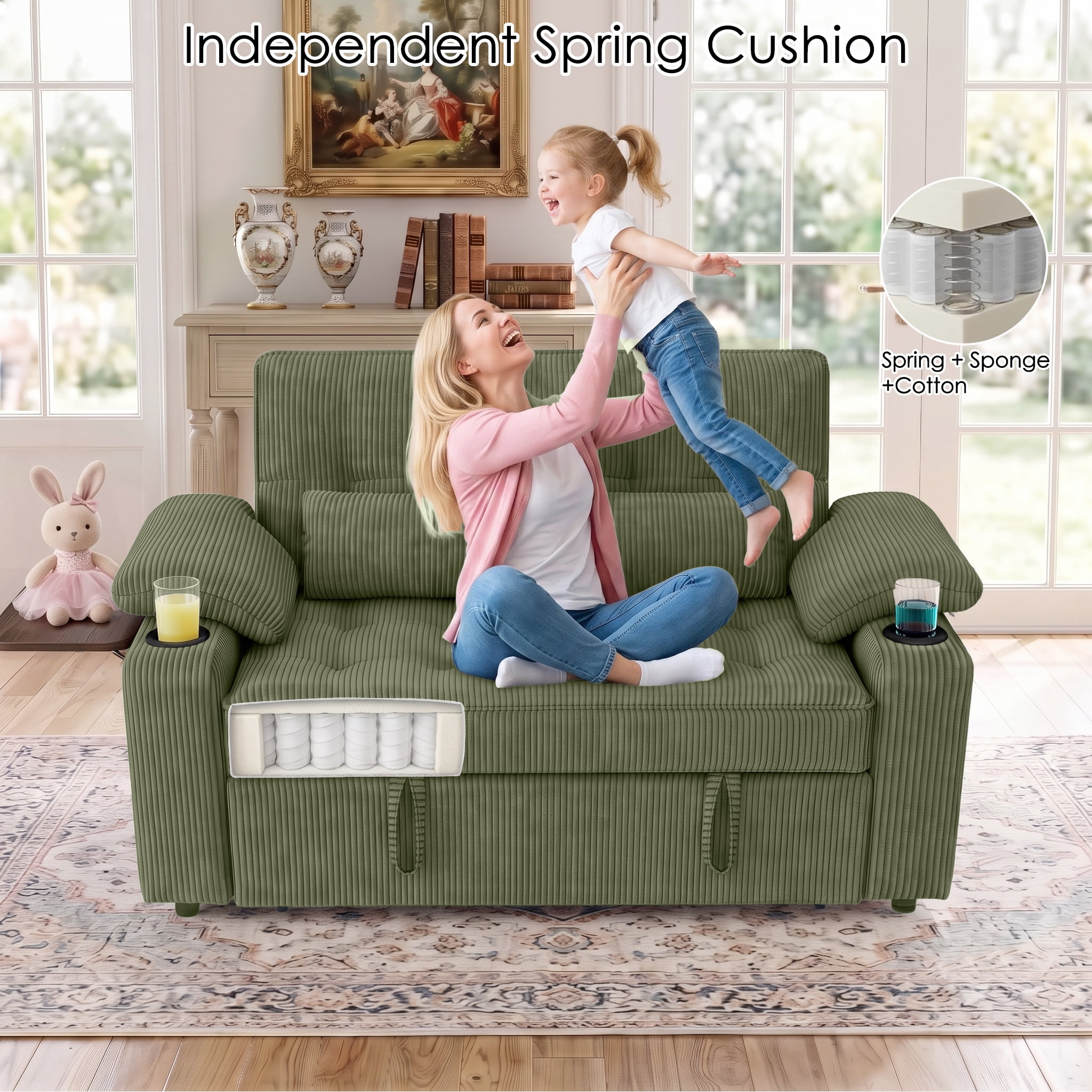 58" Convertible Sleeper Sofa Bed, Full Size Pull Out Couch with USB Charging, Cup Holders, Side Table, Adjustable Backrest, Corduroy Loveseat for Living Room, Apartment, Office (Green)