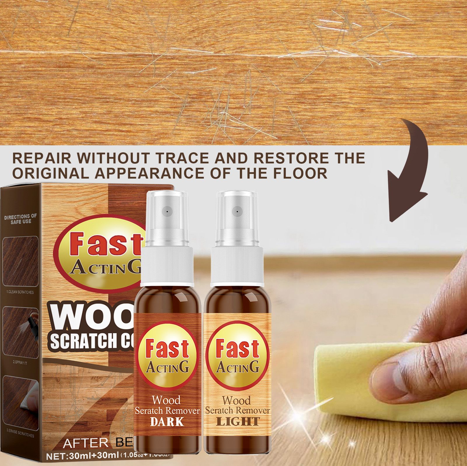 Alvantor Wood Floor Scratch Repair Spray, Furniture Restorer Polish Paint for Hardwood Laminate, 1.05oz+1.05oz