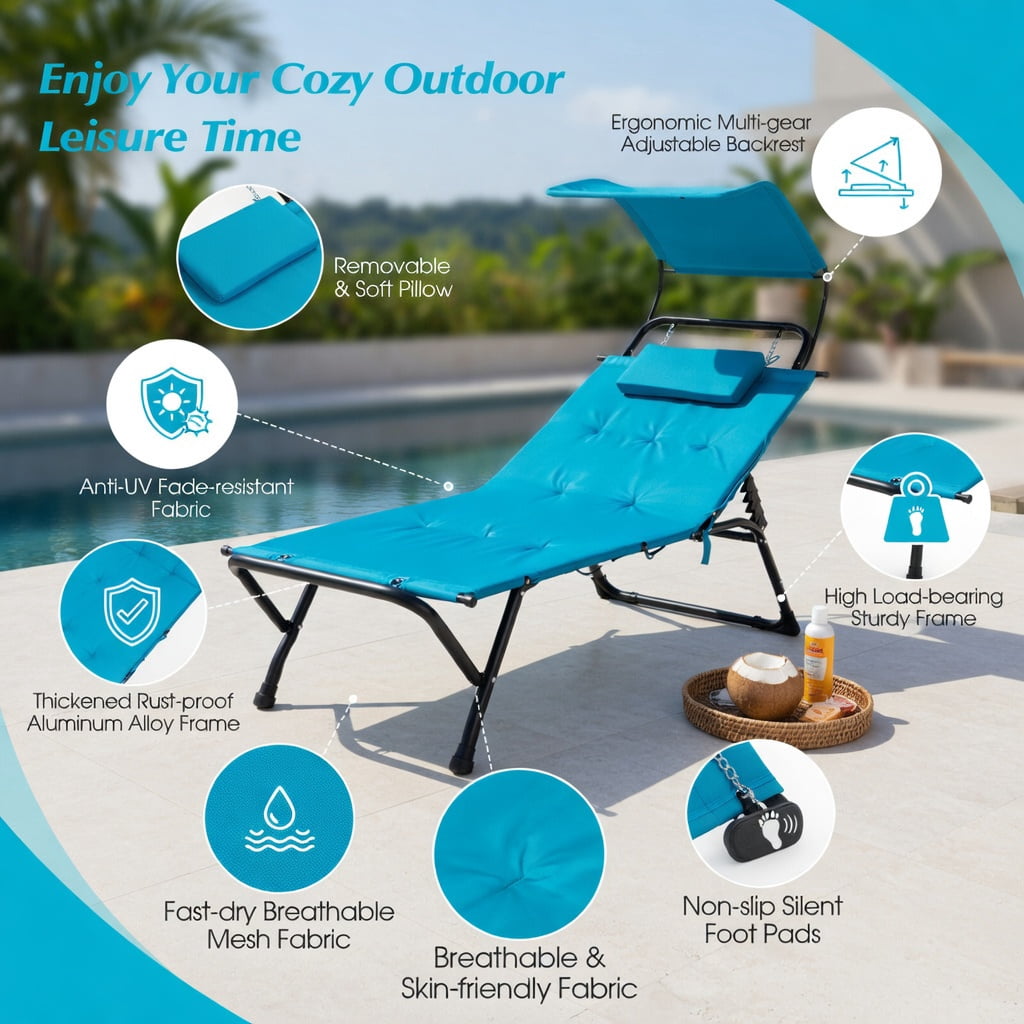 Hommoo Patio Hanging Chaise Lounge Chair with Sun-Proof Canopy, Thick Cushion & Pillow, Rust-Resistant Metal Frame, Outdoor Swing Chair for Deck, Balcony, Poolside, Navy