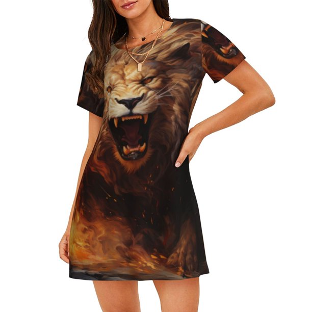 Balery Cool Fire Lion Camisón de manga corta con cuello redondo para mujer, cómodo y elegante.