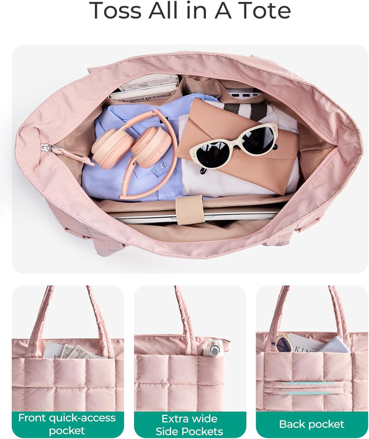 Omlopp Large Tote Bag for Women, Expandable Puffer Work Tote Handbag, Quilted Carry-On Travel Gym Bag-Light Pink