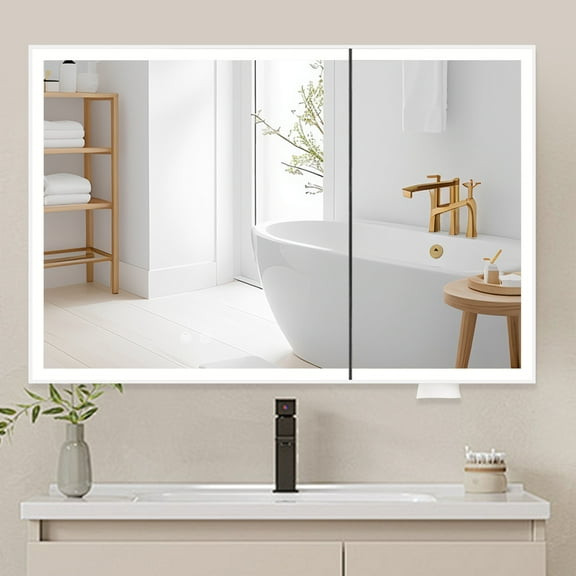 Yamissi Bathroom Cabinet with Mirror & LED Lights, Wall-Mounted Medicine Cabinet w/ Defogger, Dimmable, Memory Function, 31.5"x23.6", White