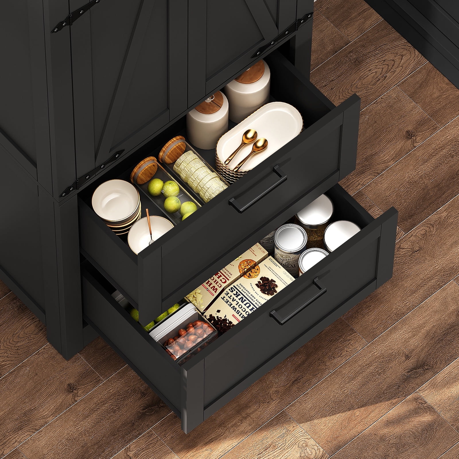 66.2" H Storage Cabinet with 2 Drawers, Farmhouse Kitchen Pantry Cabinet with 3 Doors & Adjustable Shelf, Handbag Storage Organizer, for Living Room, Kitchen, Bedroom, Black
