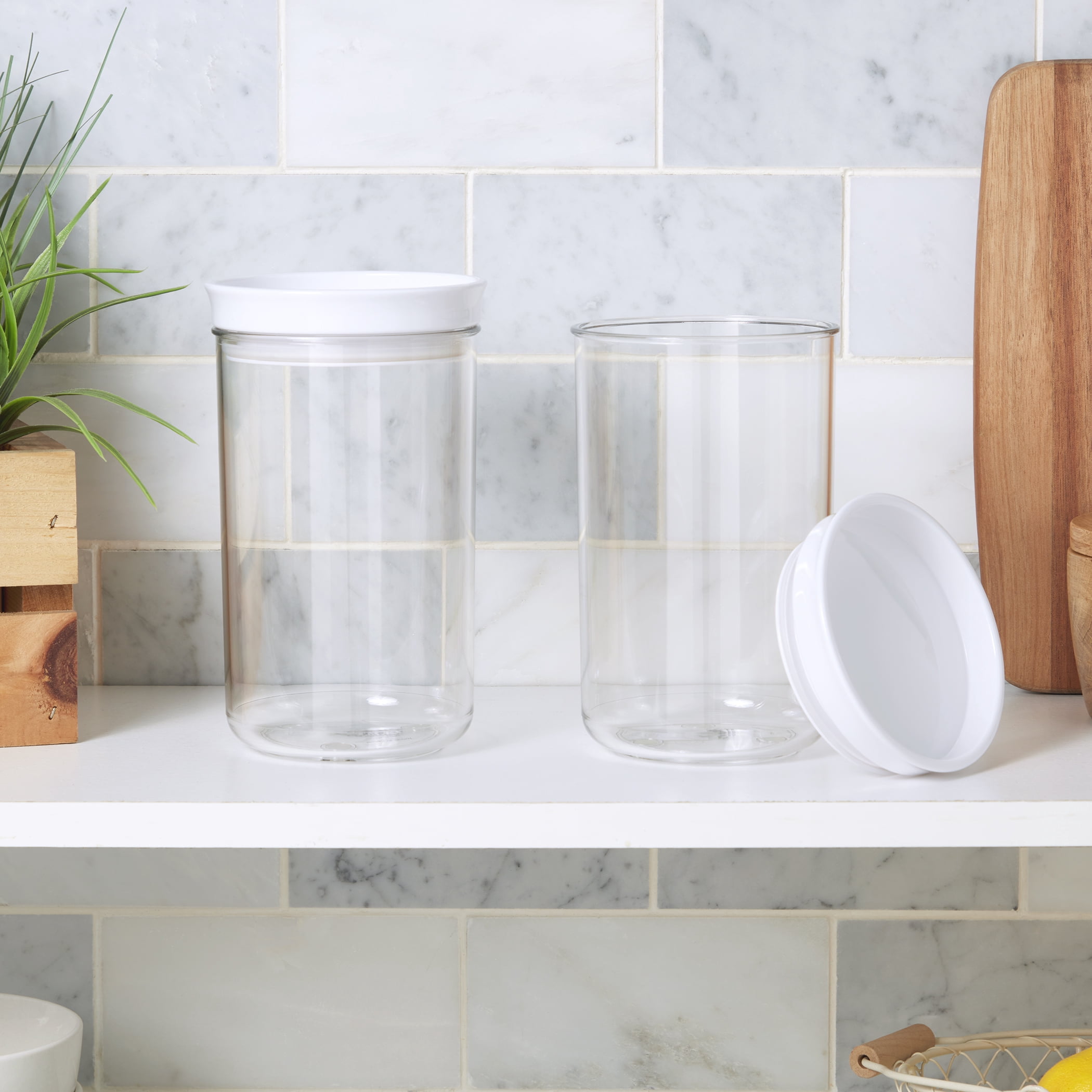 Mason Craft & More 2 Piece Medium Clear Plastic Tall Food Storage Canisters Containers Set Airtight Dishwasher Safe, 29 oz.