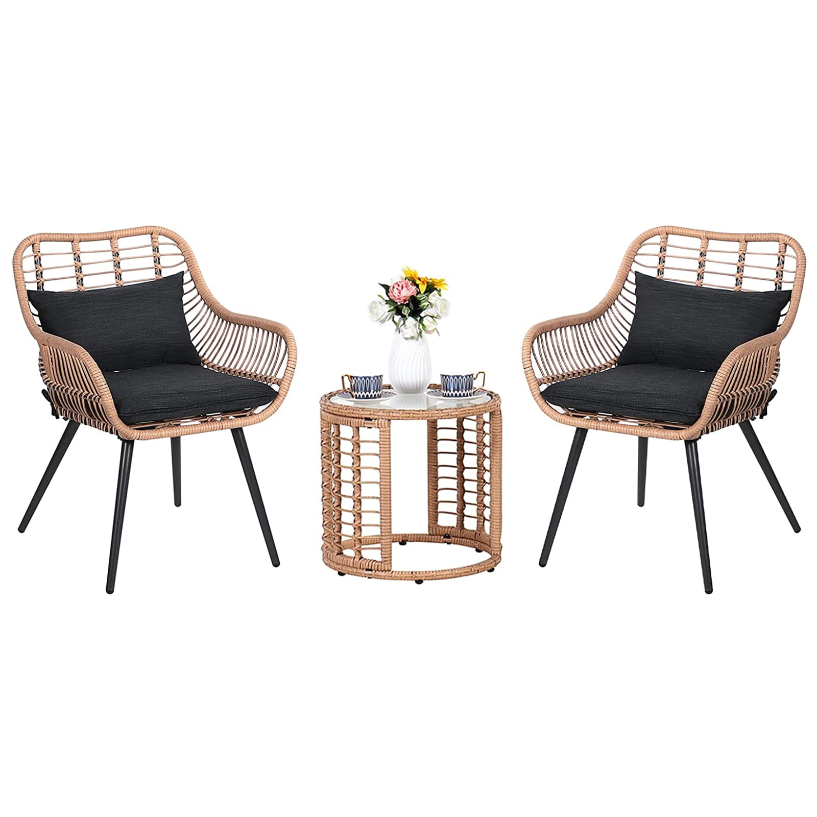 JOIVI 3 Piece Patio Set Outdoor PE Wicker Rattan Chairs Patio Furniture Conversation Modern Bistro Set with Wood Coffee Table for Backyard Porch Poolside Lawn 
