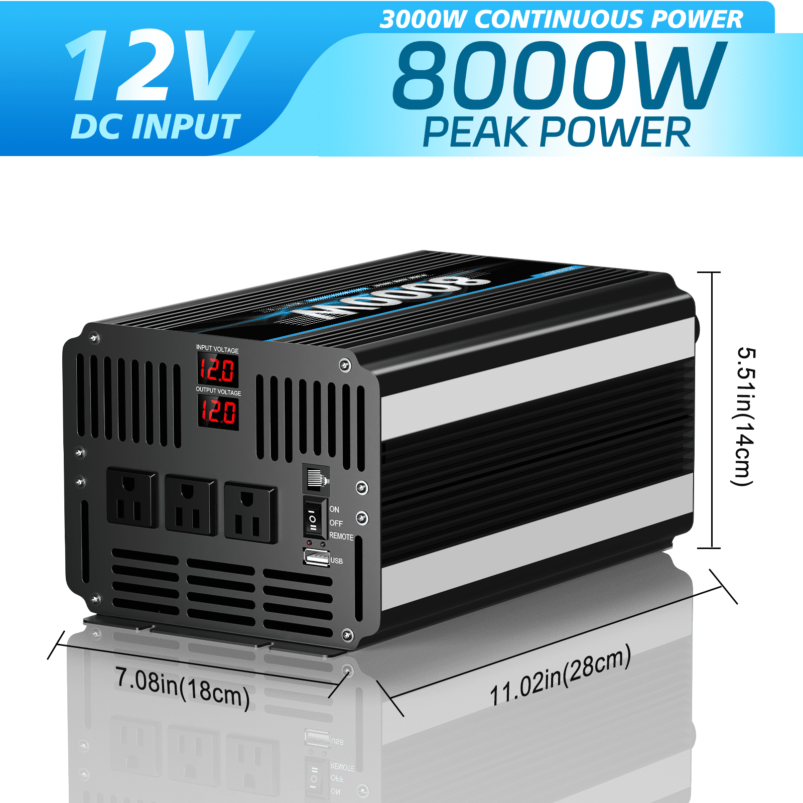 XDZWATT 12V 3000W Continuous 8000W Surge Power Inverter LCD Display for Car