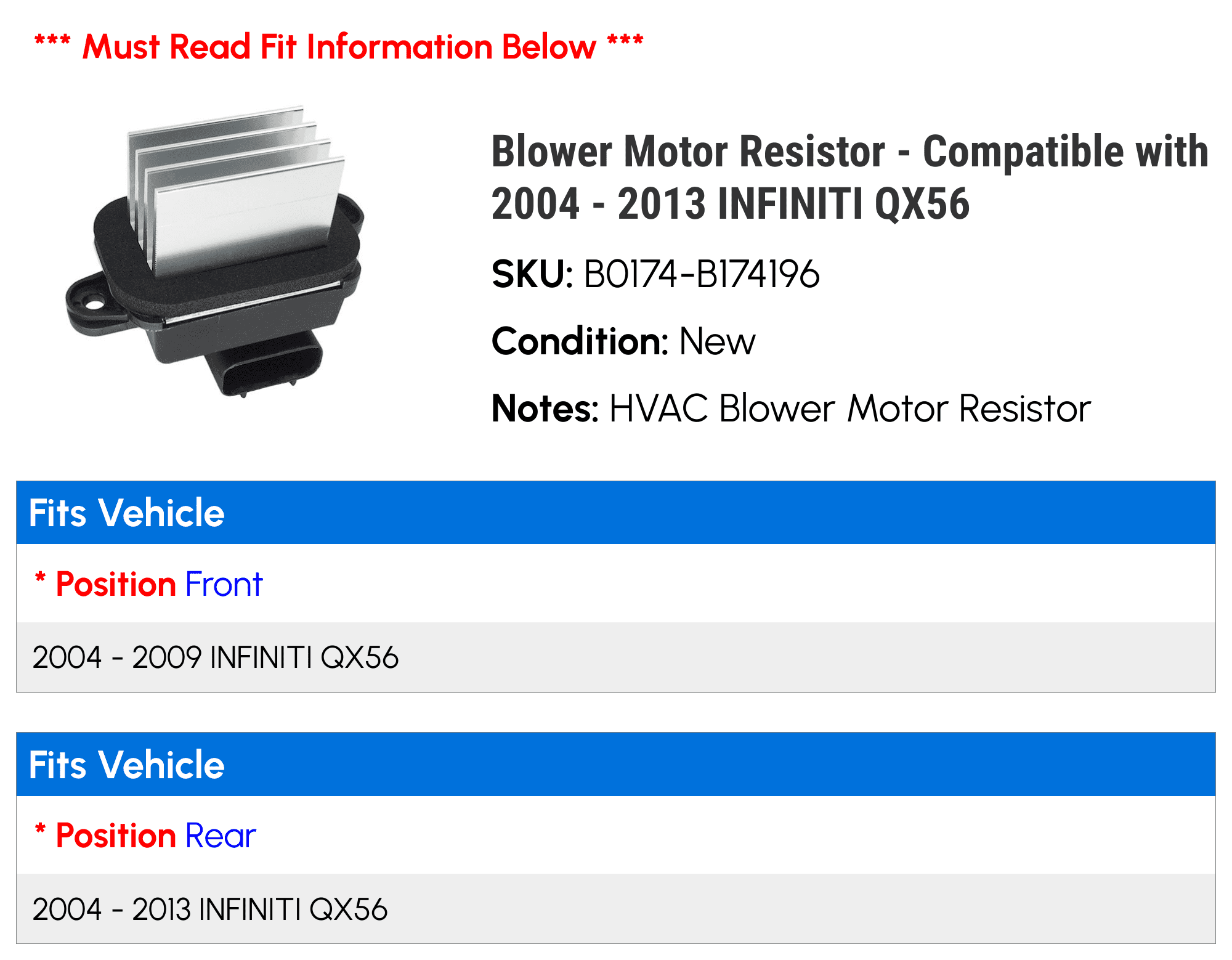 Blower Motor Resistor - Compatible with 2004 - 2013 INFINITI QX56 2005 2006 2007 2008 2009 2010 2011 2012