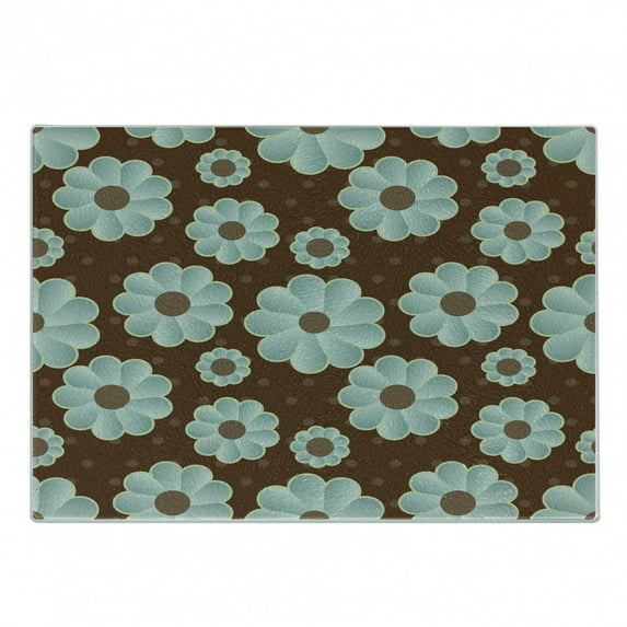 Brown and Blue Cutting Board, Retro Daisy Pattern with Polka Dot Background Abstract Design, Decorative Tempered Glass Cutting and Serving Board, Small Size, Pale Seafoam Umber Brown, by Ambesonne