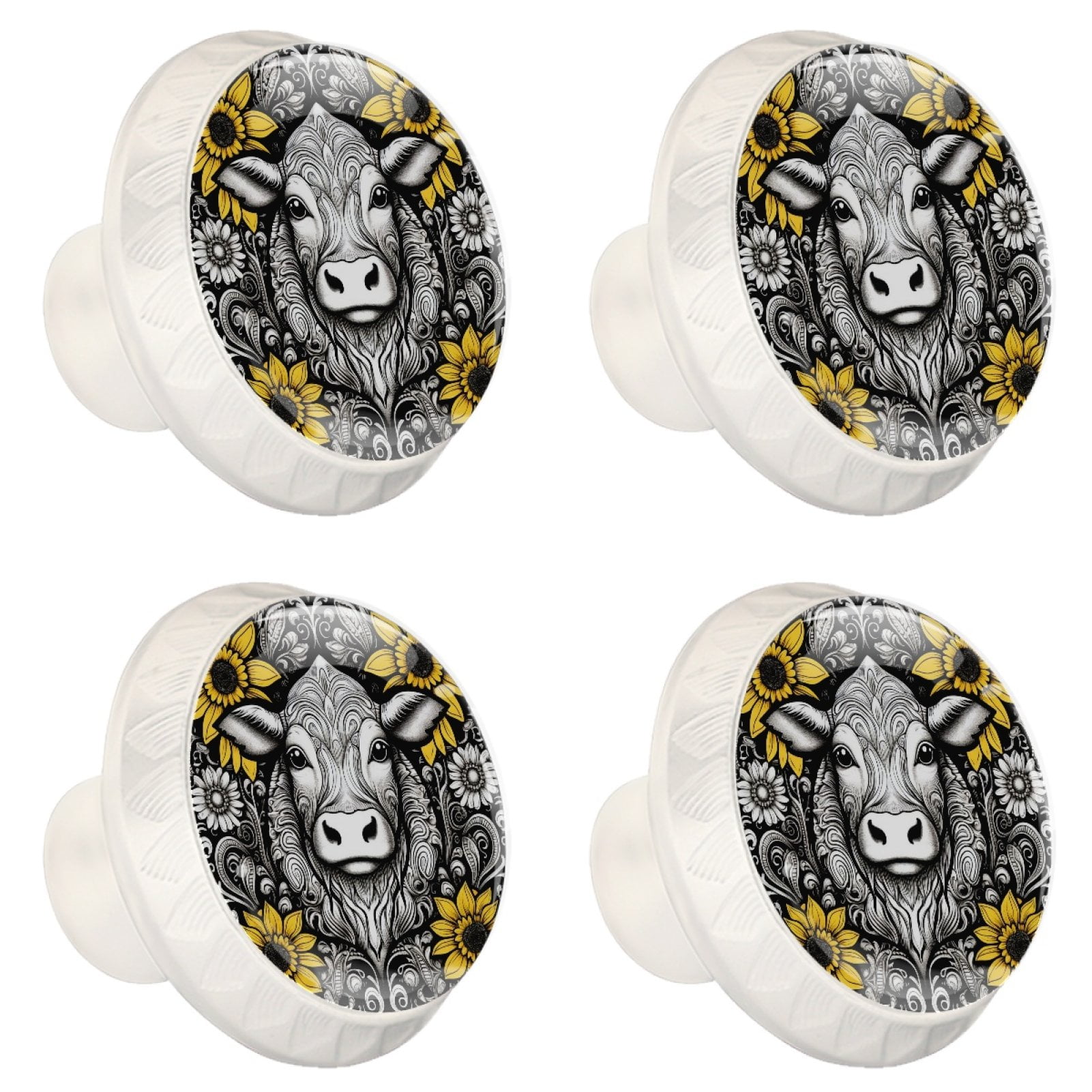 4 Pcs Cow and Sunflower Knobs for Kitchen Cabinet Cupboard Dresser Bookcase Drawer Pulls Handles Round Home Decor