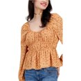 thumbnail image 1 of PLANET HEART Womens Puff Sleeve Peplum Blouse, brown, Juniors, M, 1 of 1
