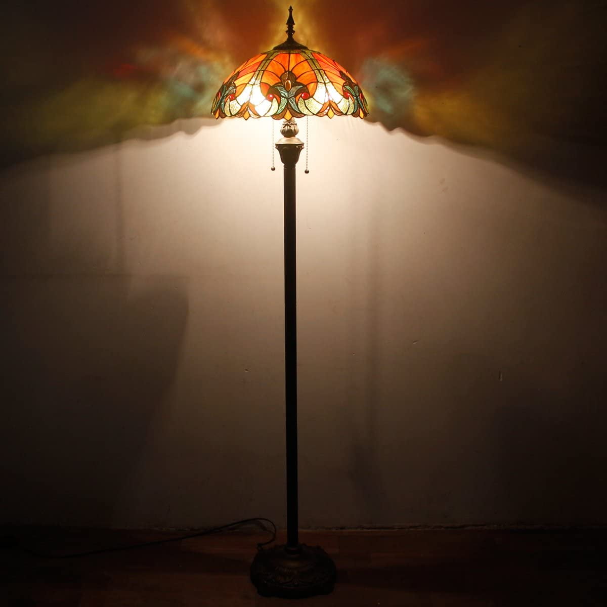 Tiffany Floor Lamp LED Art Bright Standing Reading Light 64" Tall Red Liaison Stained Glass Shade Boho Industrial Bronze Pole Vintage Base Kids Bedroom Living Room Corner Farmhouse Office