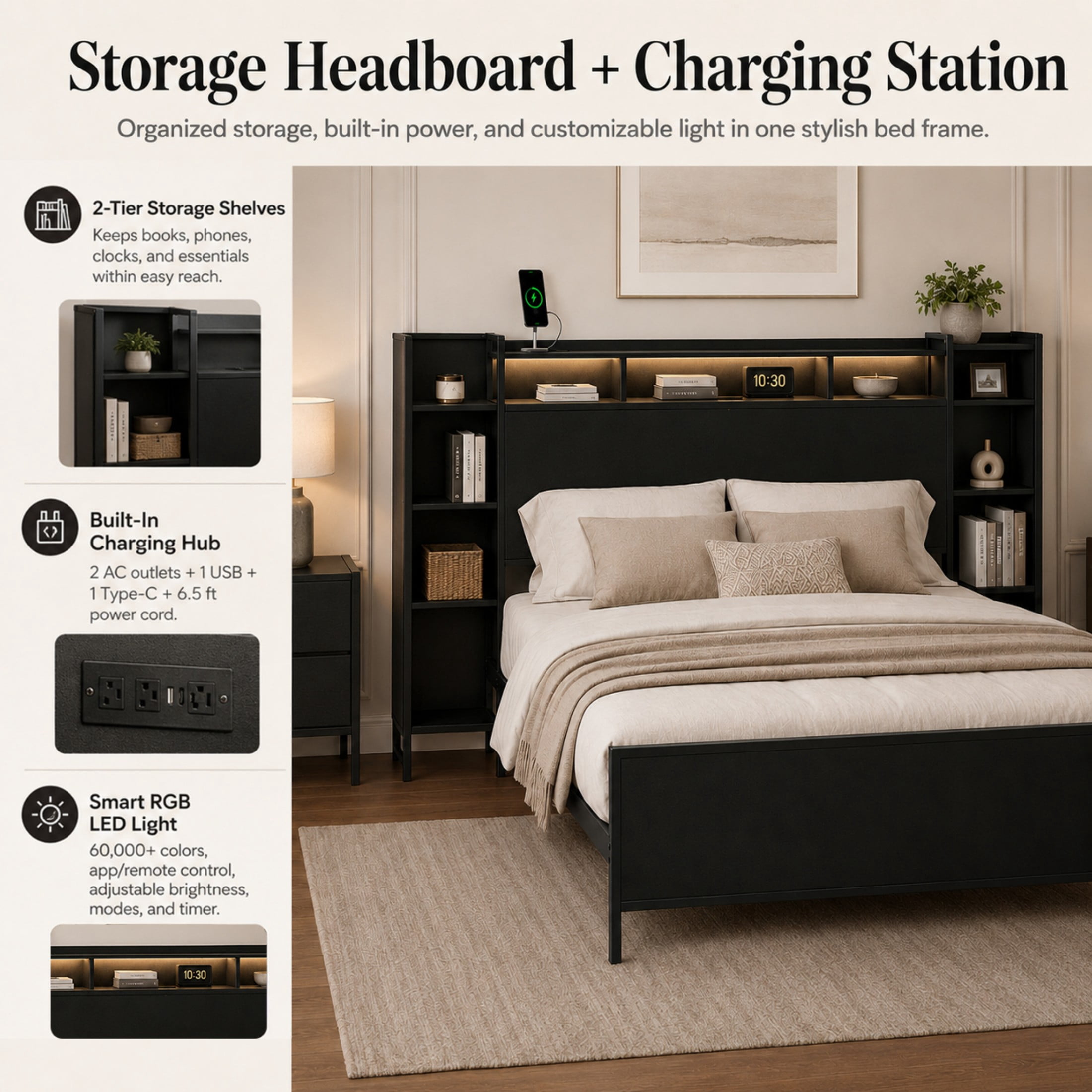 Aukfa Full Bed Frame with Storage Headboard, USB Charging Station & LED Lights, Heavy Duty Metal Platform Bed with Outlets, No Box Spring Needed, Black