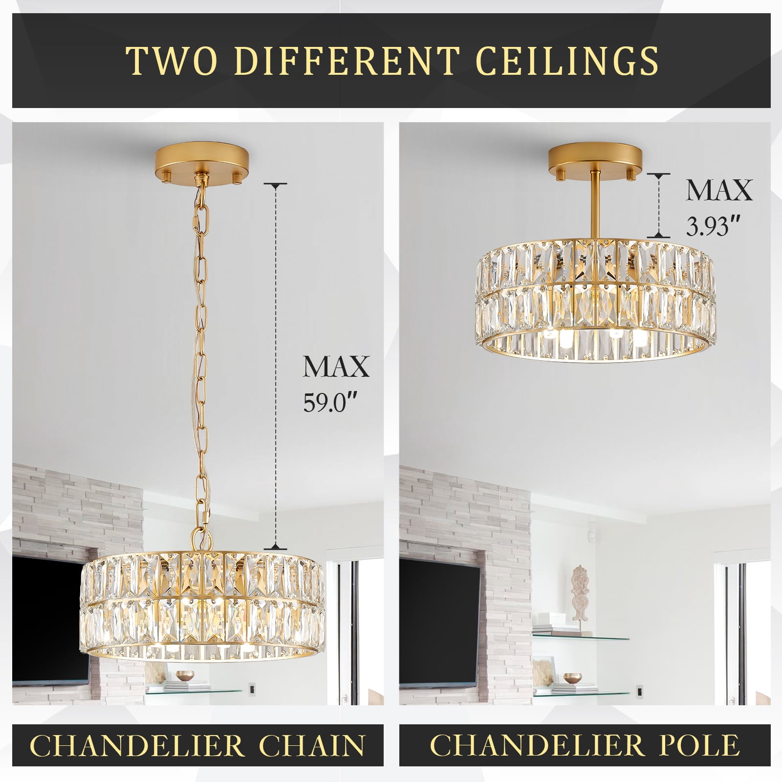Small Gold Crystal Chandeliers, Modern Semi Flush Mount Chandelier 4-Light Drum Crystal Ceiling Pendant Light Fixture 12” for Foyer Entryway Kitchen Hallway Dining Room