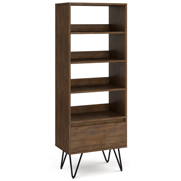 Simpli Home Chase SOLID ACACIA WOOD and Metal 24 inch WideRectangle Modern Industrial Tall Bookcase in Rustic Natural Aged Brown