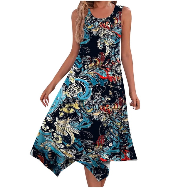 Penkiiy Robe d'Été Décontractée Sans Manches pour Femmes, Ourlet Mouchoir, Robe Midi de Plage avec Poches TG Bleu