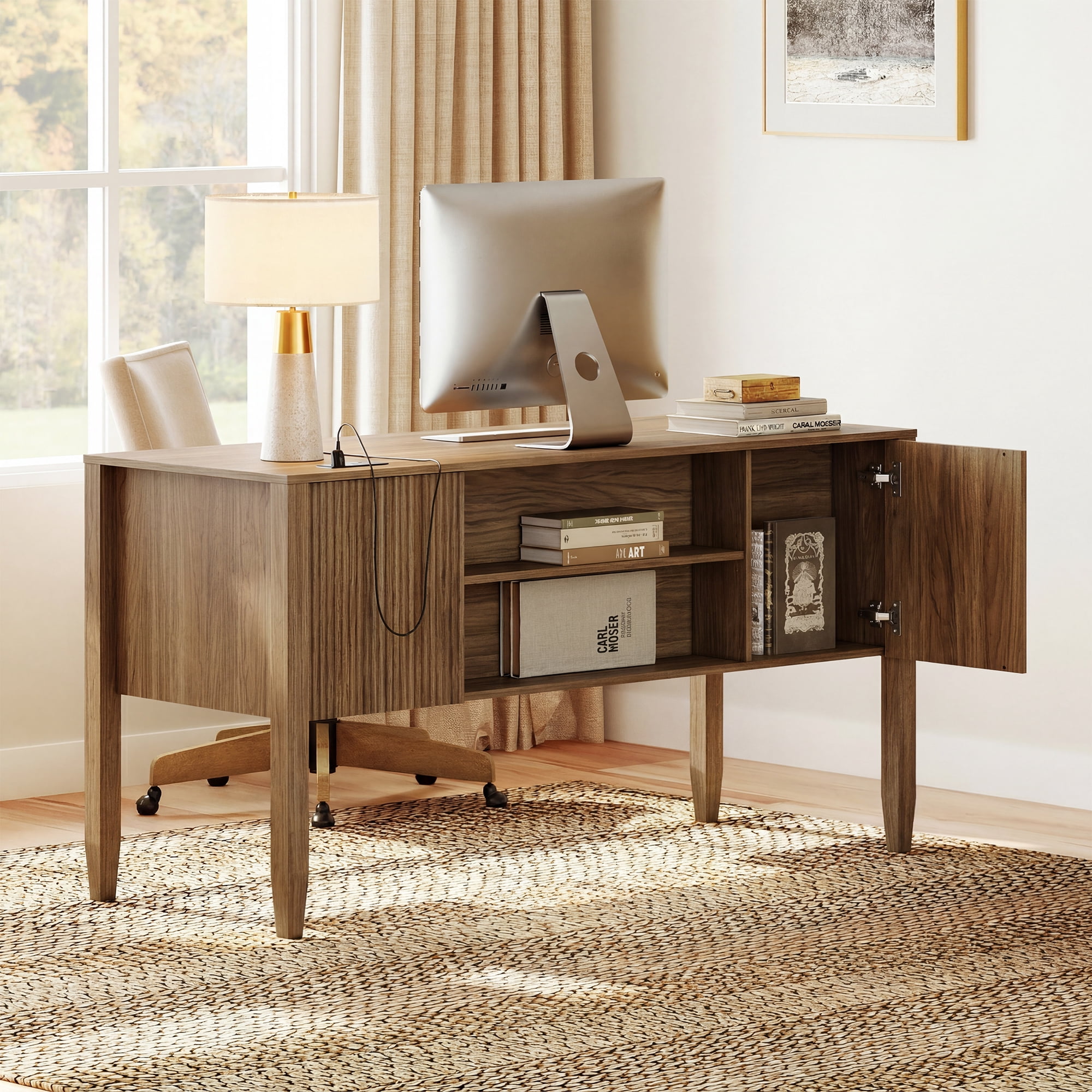 58Inch Fluted Executive Desk with Power Outlet and Doors, Modern Computer Writing Desks with Rear Storage Compartment Design, Home Office Desk with Drawers For Work And Study