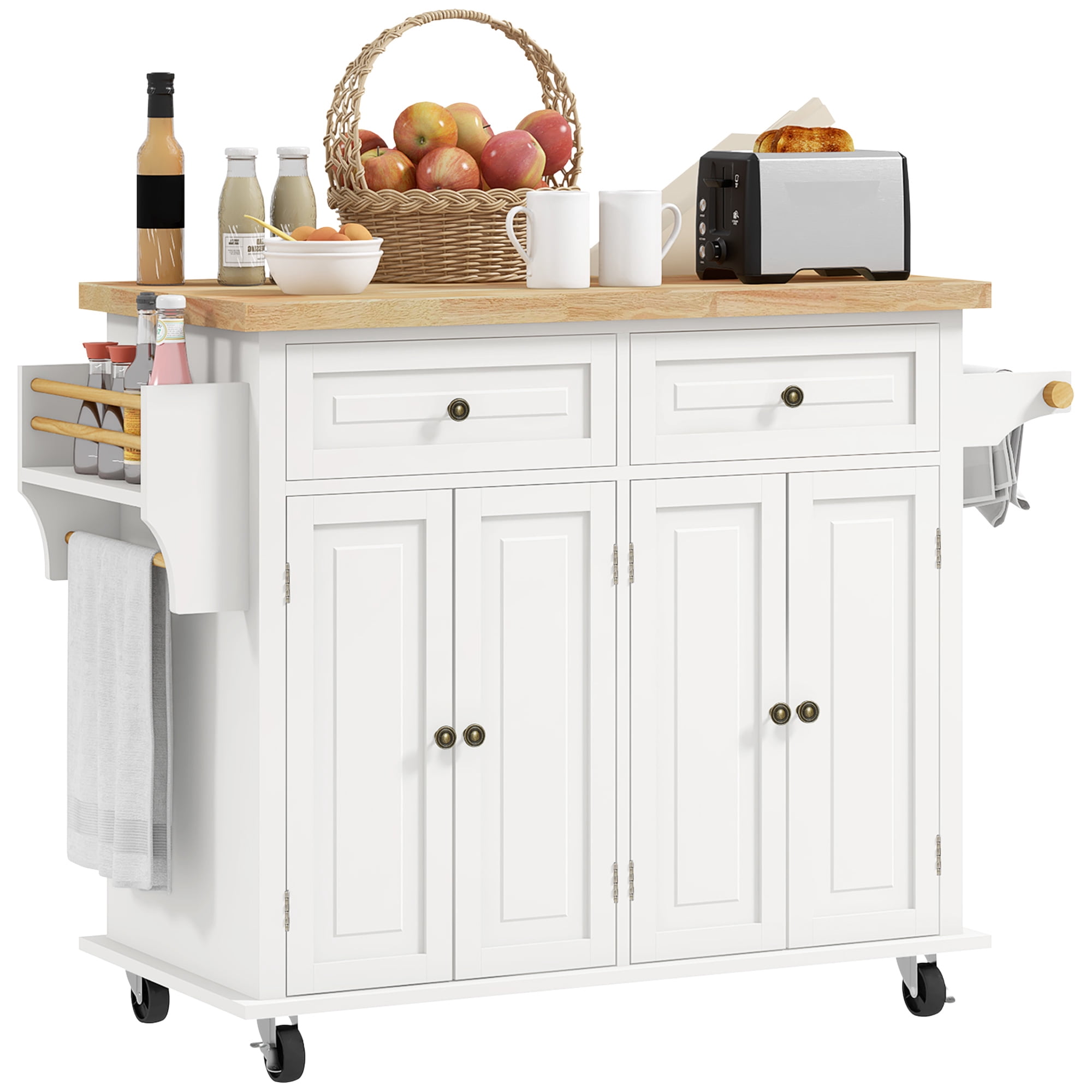 HOMCOM Kitchen Island on Wheels, Rolling Cart with Rubber Wood Top, Spice Rack, Towel Rack & Drawers for Dining Room, Cream White