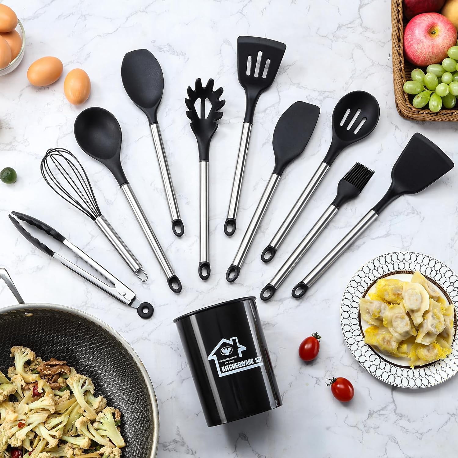 Mirdinner Silicone Cooking Utensils Set, 21 Pcs Safe Food-Grade Kitchen Utensils Set with Holder, BPA-Free, Non-stick Heat Resistant Silicone Cookware with Stainless Steel Handle, Black