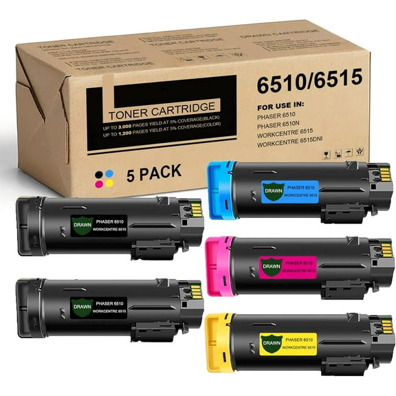 6510/6515 High Capacity Toner Cartridge 5-Pack(2BK/1C/1M/1Y)-Drwn106R03476, 106R03473, 106R03474, 106R03475 Toner Cartridge Replacement for Xerox Phaser 6510 Workcentre 6515 Printe